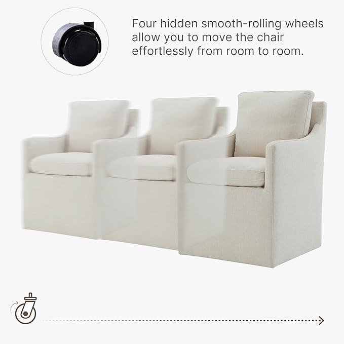 Upholstered Dining Chairs with Casters, No Assembly Modern Accent Armchair with Rollers for Dining Room, Bedroom, Living Room, Reading Room, Already Assembled, Beige, 2 Box