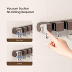 Suction Cup No Drilling Broom Holder Wall Mount, Walnut Color Mop Organizer Wall Hanging, 4 Racks 5 Hooks Tool Organizer Hanger Self Adhesive for Home, Garage, Garden, Laundry, Kitchen