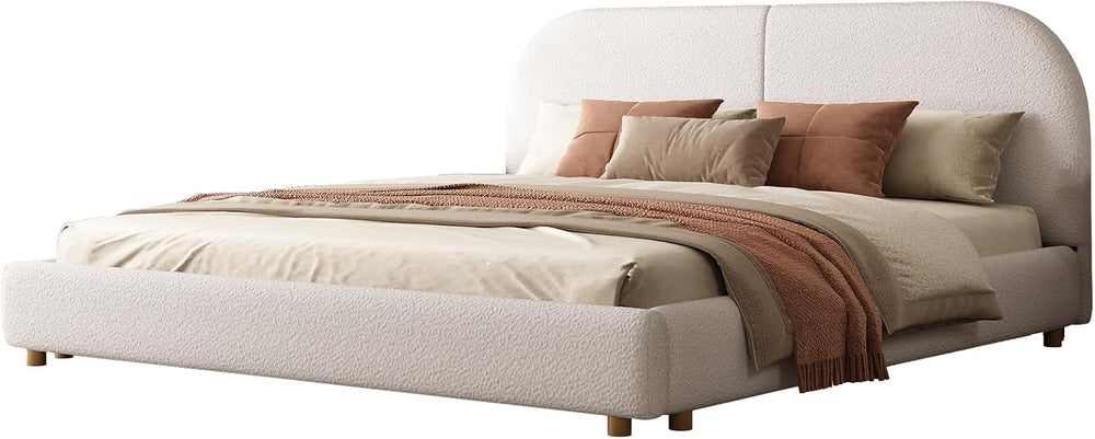 Kenhome Queen Size Boucle Cloud Bed Frame, Upholstered Platform Bed with Curv...