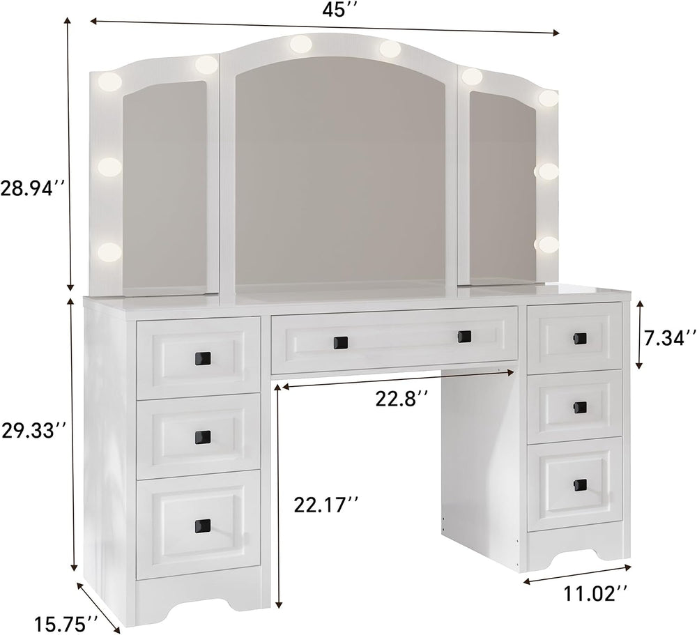 FUSUNBAO White Lighted Vanity Desk, Tri-Fold Mirror, 5 Drawers, Outlets | Ret...