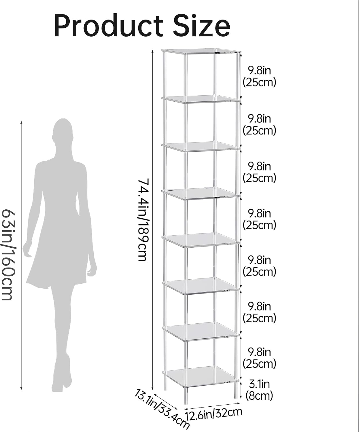 Acrylic Bookshelf, Small Bookcase, Standing Freestanding Corner Storage Shelves Display Shelf for Living Room, Bedroom (Clear, 8 Tier)
