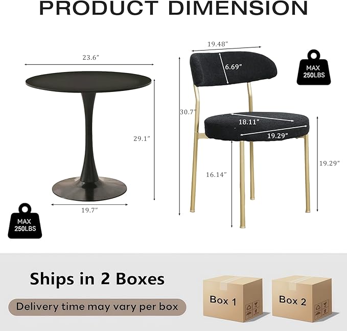 3-Piece 23.6" Round Dining Table Set for 2 with Upholstered Chairs – Space-Saving Modern Small Kitchen Cafe Bistro Set(Black Boucle Chair)