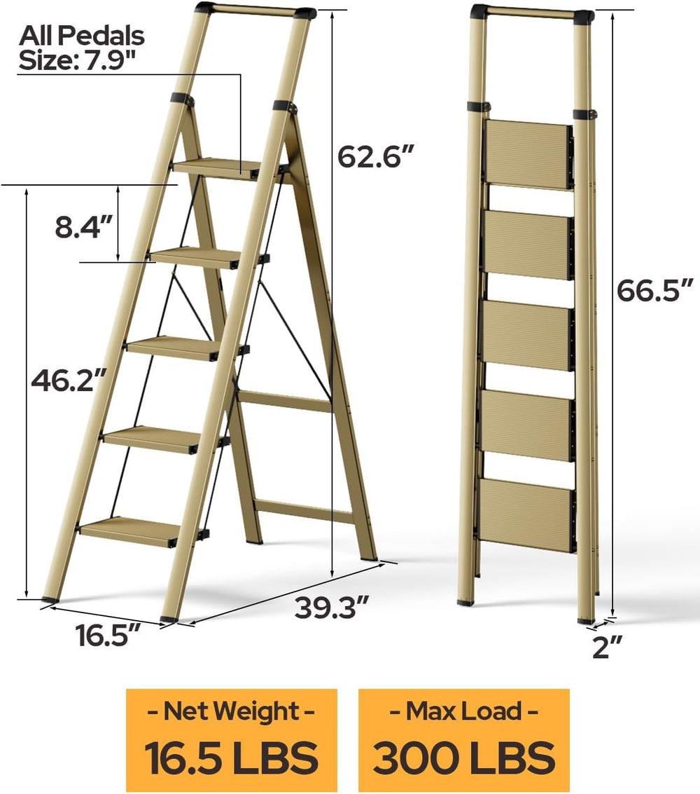 5 Step Ladder, Foldable 5 Step Stool, Gold