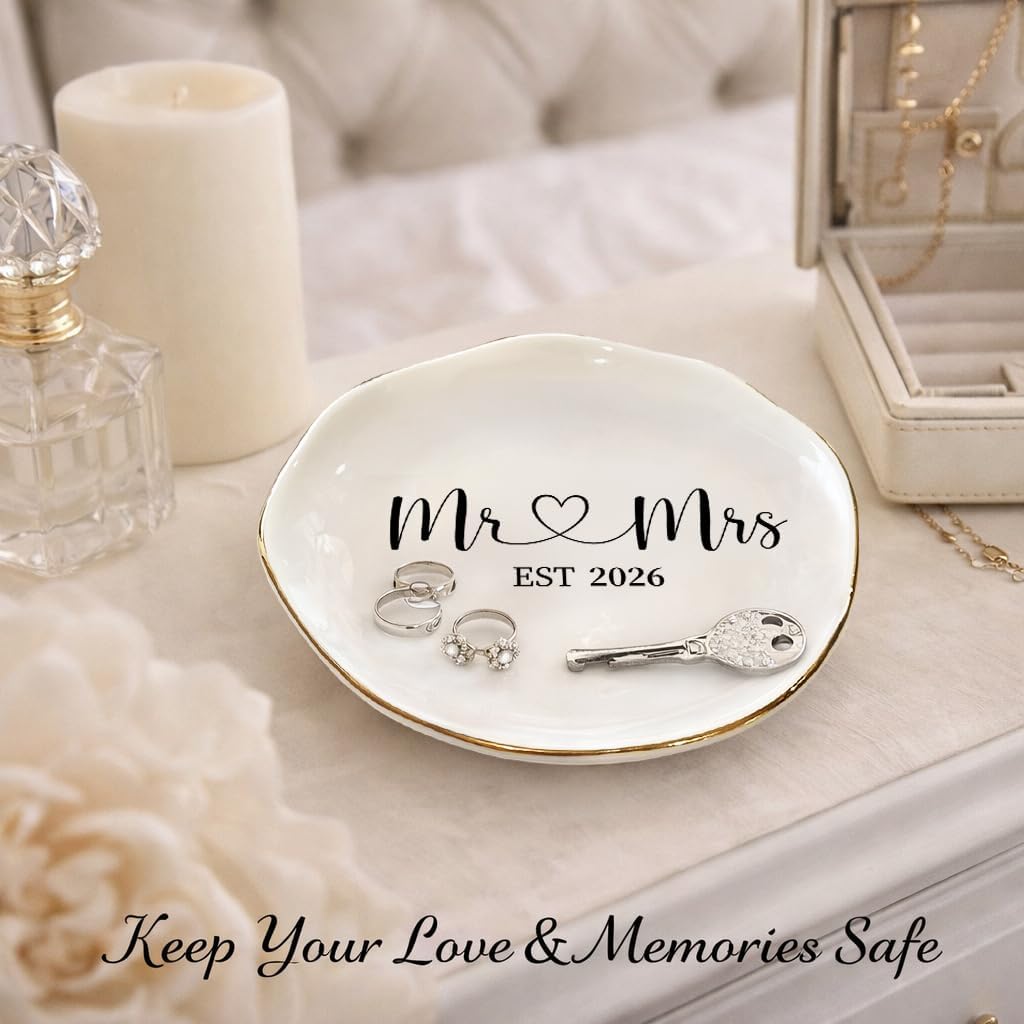 Mr & Mrs EST 2026 Ring Dish - Elegant Ceramic Ring Holder for Engagement, Wedding, and Bridal Shower Gifts - Honeymoon Keepsake for Friends, Newlyweds, and Bride-to-Be