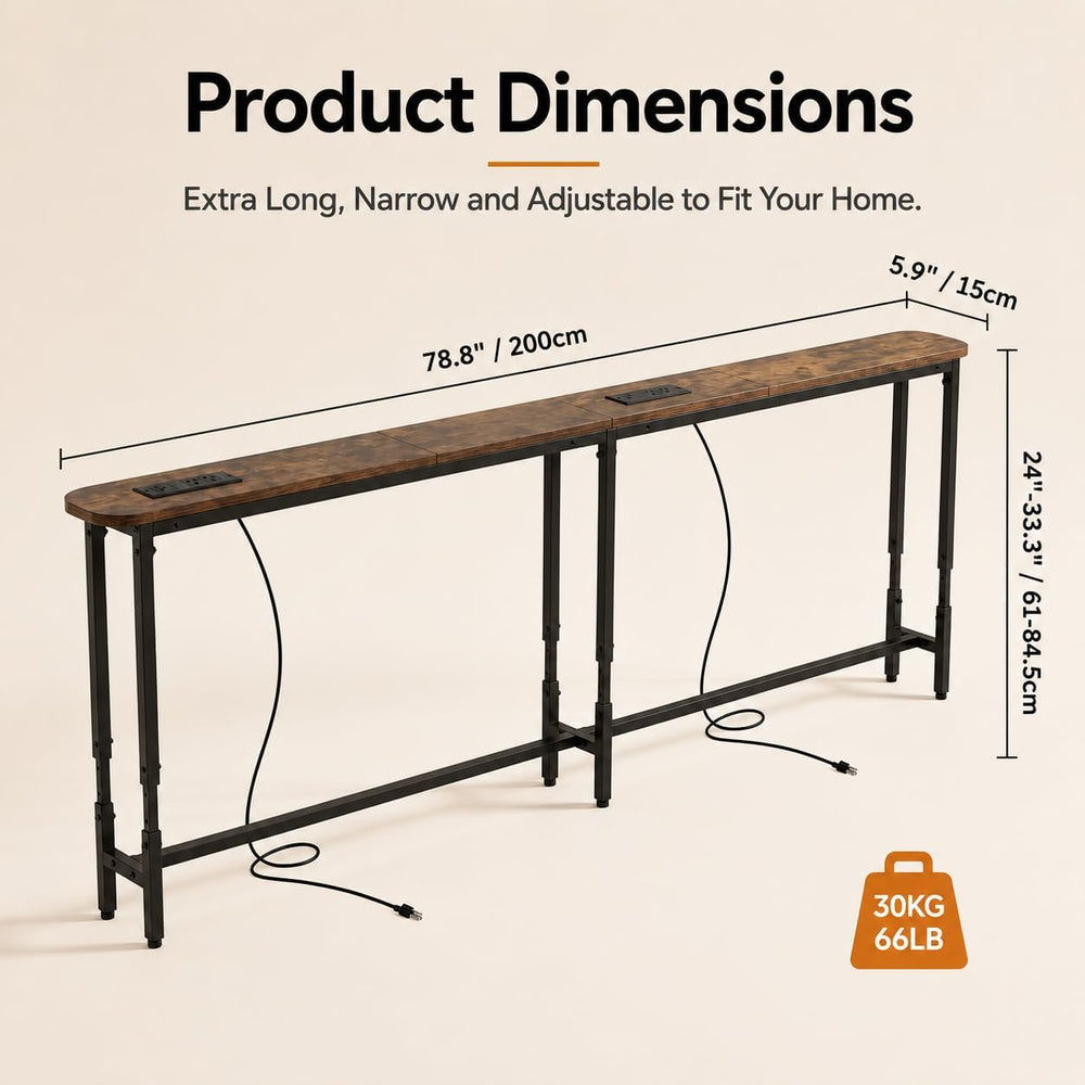 Forteek 78.8" Narrow Sofa Table with Power Outlets, Adjustable Height | ...