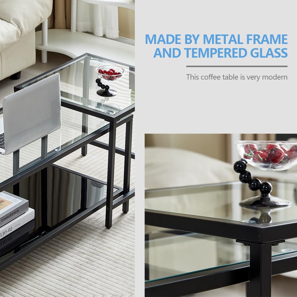 Coffee Table Nesting Set of 2, Center Coffee Table Set with Tempered Glass, M...