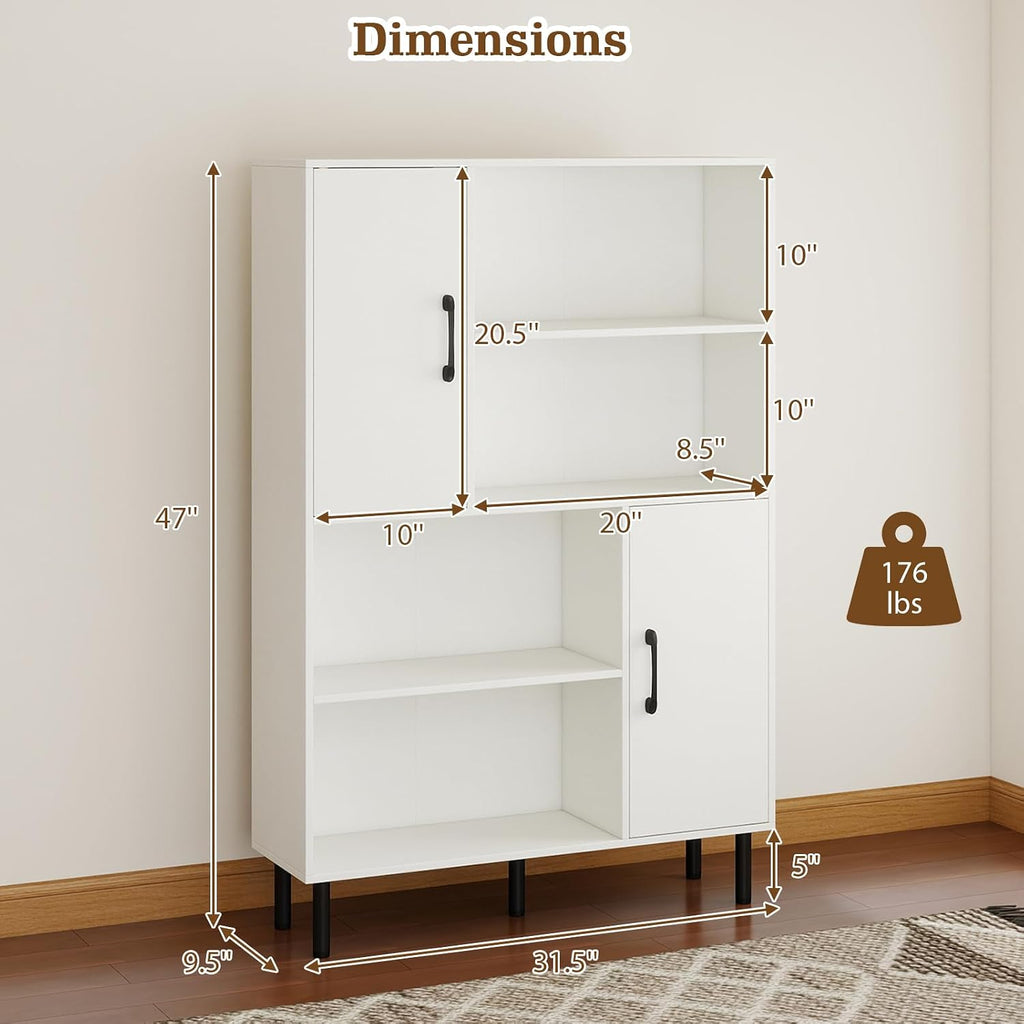 Giantex 47-Inches Storage Cabinet with Doors, Open Shelves, Anti-Tipping Device, 4-Tier Bookcase for Books & Photos, Tall Cupboard, Floor Cabinet for Living Room, Kitchen Buffet Sideboard