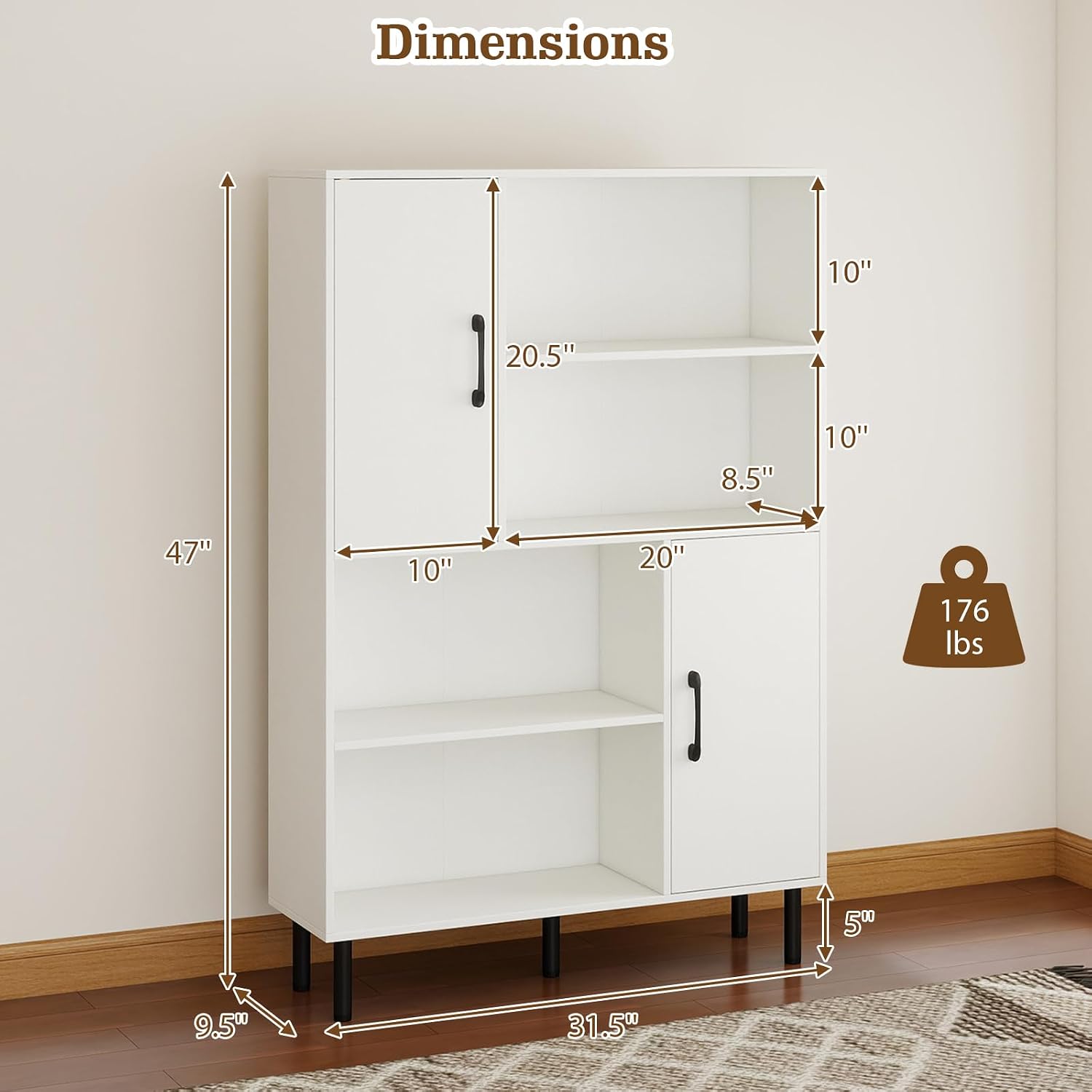 Giantex 47-Inches Storage Cabinet with Doors, Open Shelves, Anti-Tipping Device, 4-Tier Bookcase for Books & Photos, Tall Cupboard, Floor Cabinet for Living Room, Kitchen Buffet Sideboard