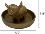 Golden Highland Cow Ring Stand with Circular Dish - Cute Cow Jewelry Organizer Holder, Unique Home Office Desk Decor for Women, Resin Ring Plate Tray Gift (5.9x5.9x3.94 Inches)