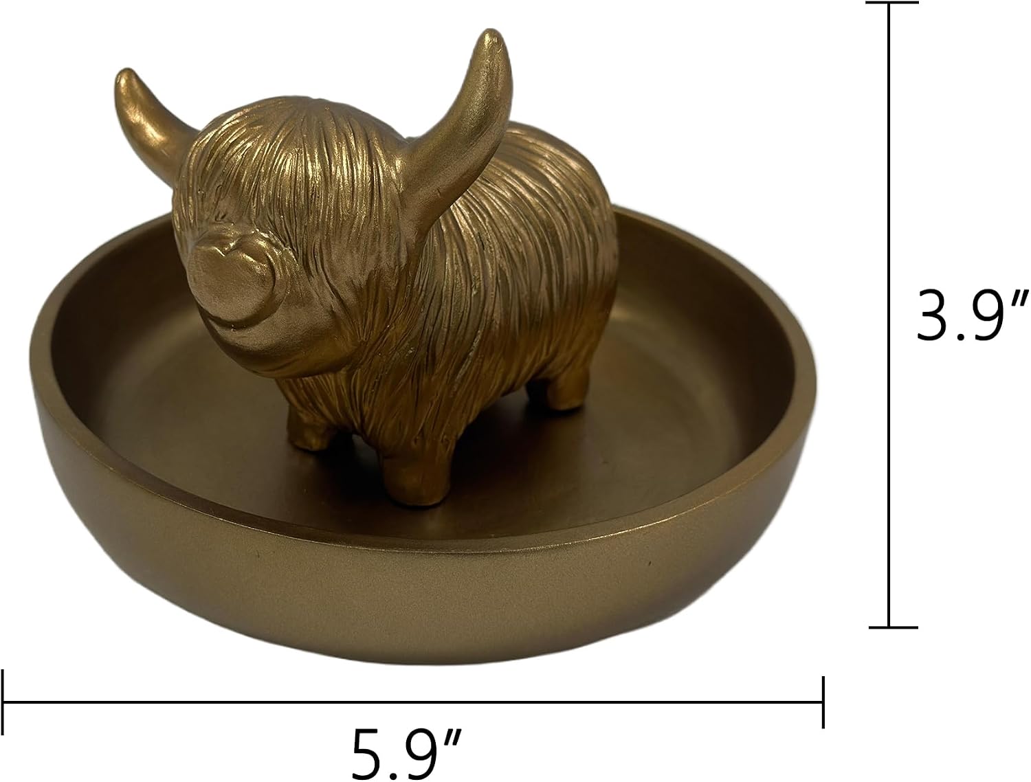 Golden Highland Cow Ring Stand with Circular Dish - Cute Cow Jewelry Organizer Holder, Unique Home Office Desk Decor for Women, Resin Ring Plate Tray Gift (5.9x5.9x3.94 Inches)