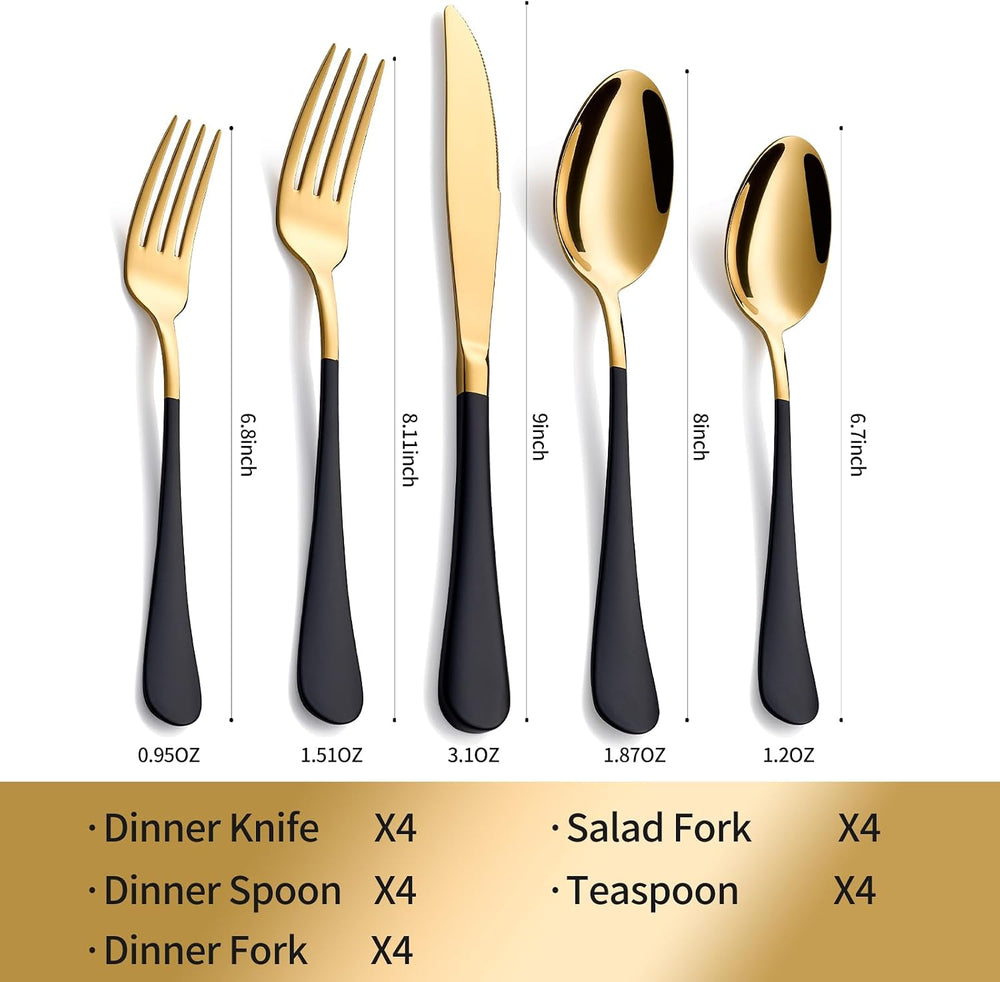 20-Piece Black & Gold Silverware Set, 18/0 Stainless Steel Colorful Handl...