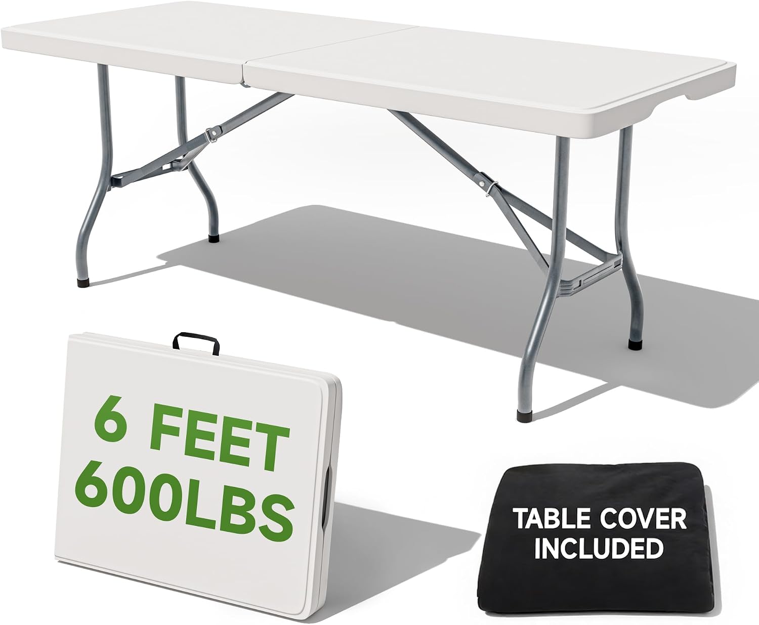 6 Foot Folding Table with Black Table Cloth - Heavy Duty 600LBS Capacity, Foldable Design with Safety Lock - Portable Folding Tables for Camping, Party, Indoor & Outdoor Use, 1 Pack