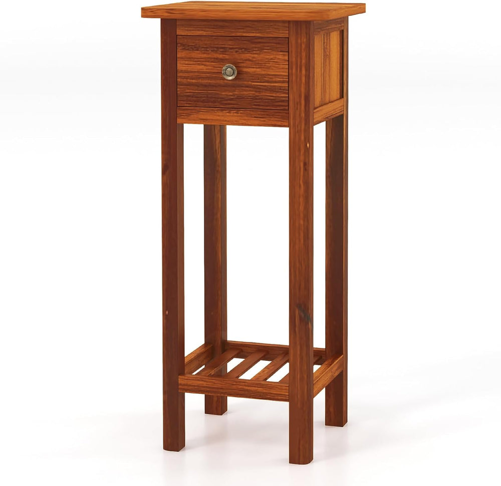 SlickBlue 2-Tier Slim Bedside Table with Drawer and Shelf for Living Room Bed...
