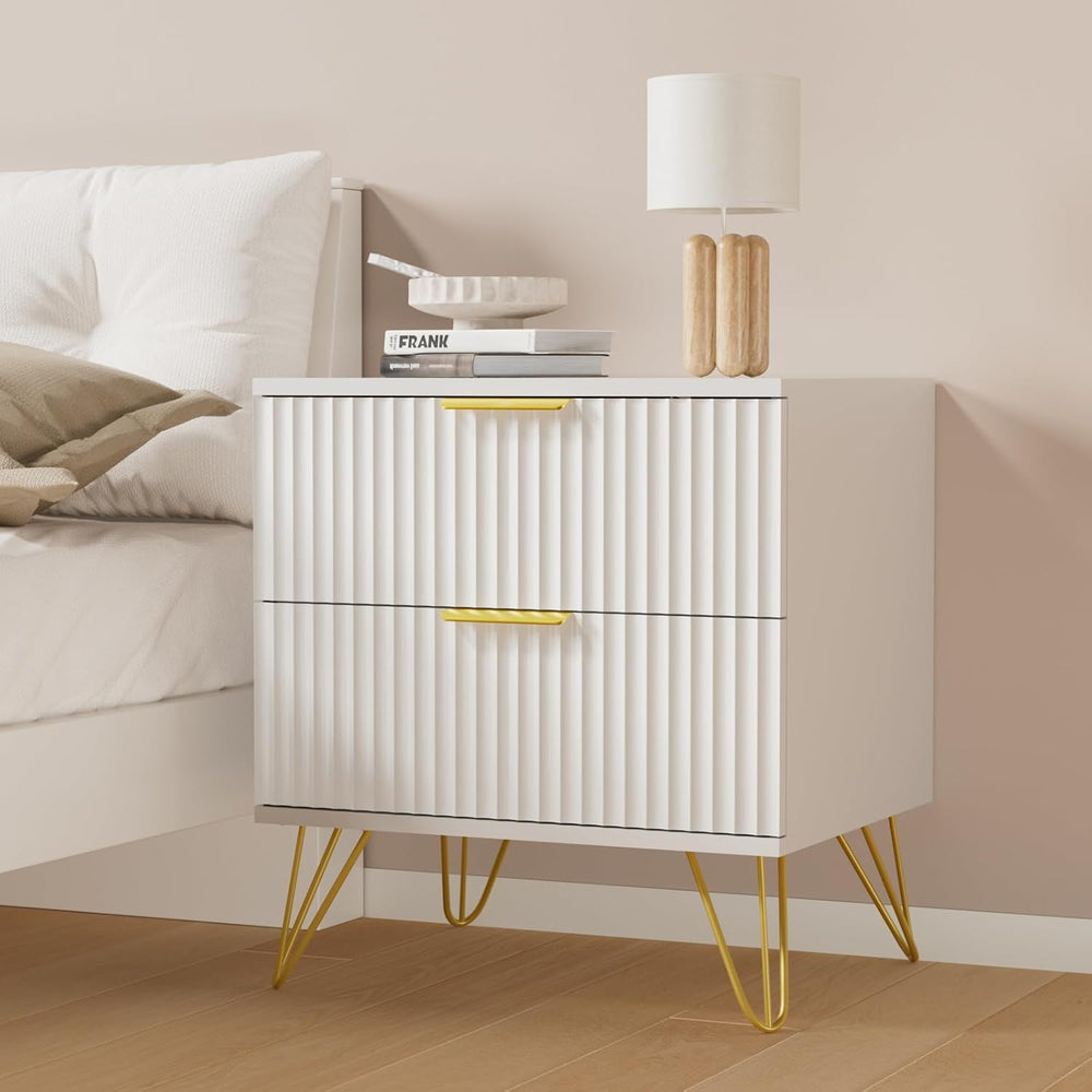 White Nightstand Set of 2, Modern Night Stand Bedside Table with 2 Storage Dr...