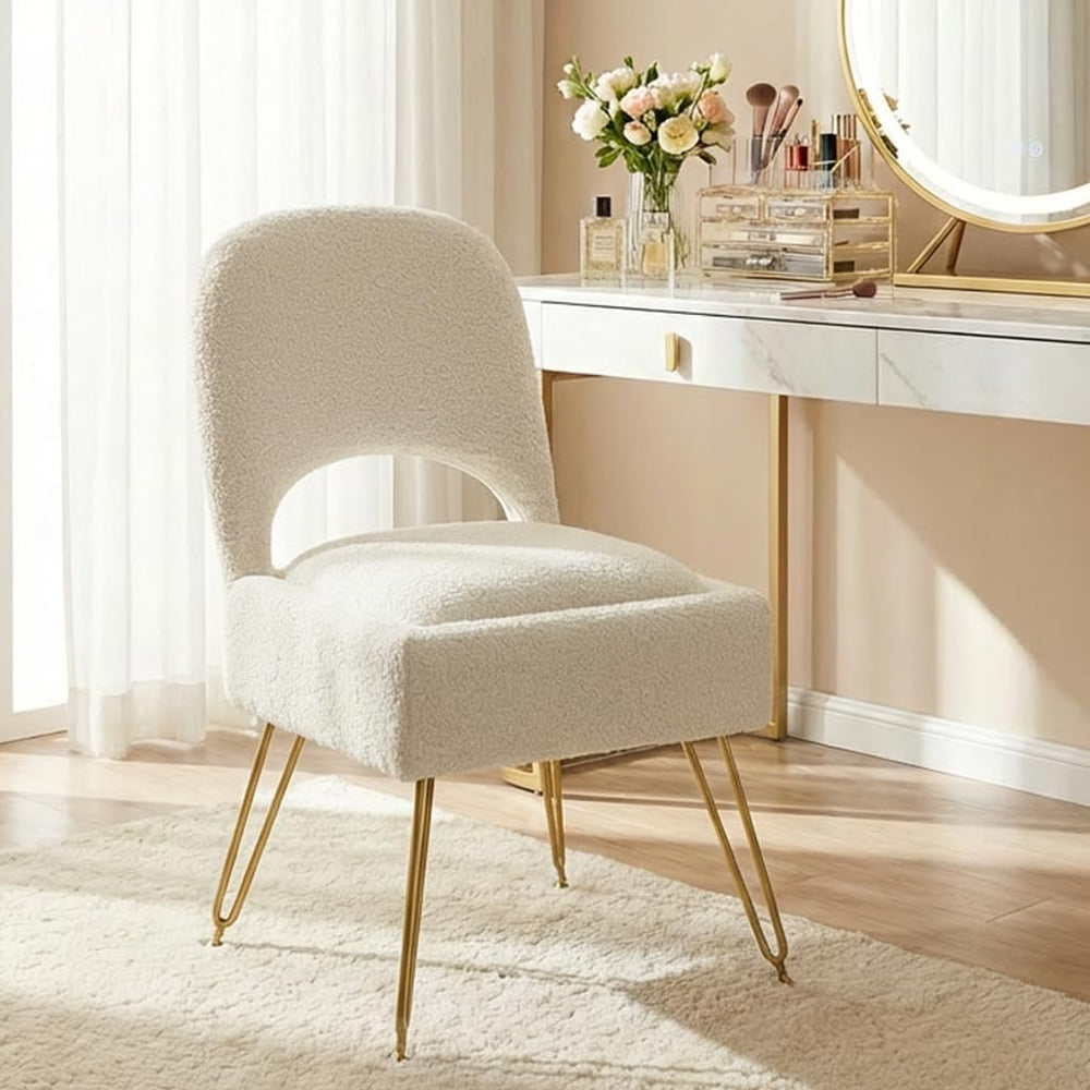 Vanity Stool with Storage & Folding Backrest, Cute White Faux Fur Makeup ...