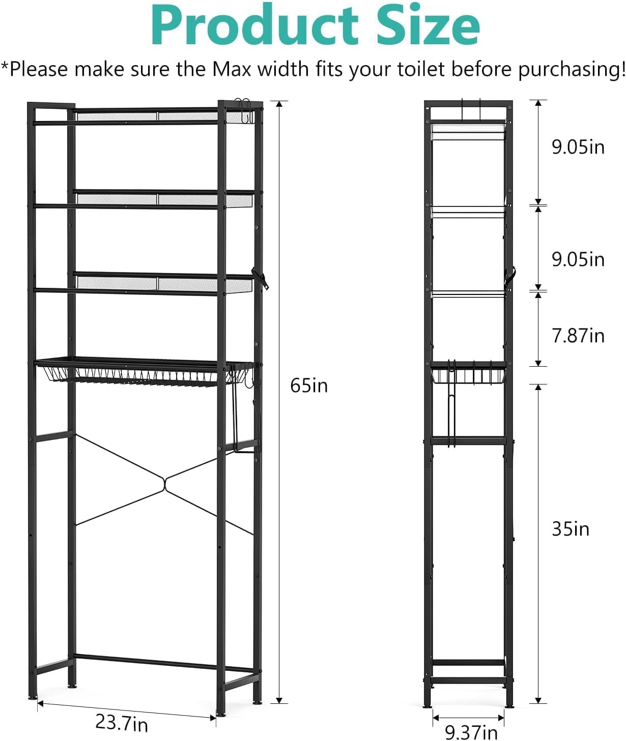 ASHLEYRIVER Over The Toilet Storage Rack, 4-Tier Storage Rack Toilet Adjustable Shelf Rack with Hooks & Roll Holder,Steel Black