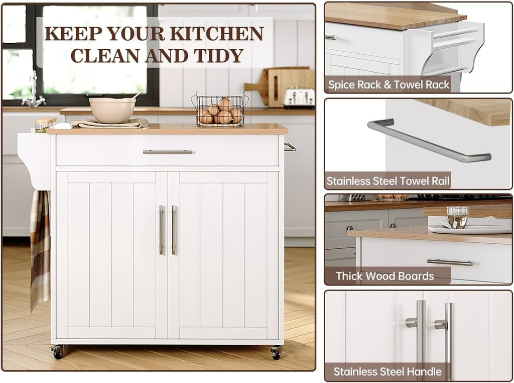 Kitchen Storage Island, Wooden Rolling Kitchen Island On Wheels with Countertop, Mobile Kitchen Island Cart with Towel Rack, Spice Rack and Drawers, White