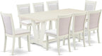 East West Furniture V027MZ001-9 9 Piece Modern Dining Table Set Includes a Rectangle Wooden Table with V-Legs and 8 Cream Linen Fabric Parsons Dining Chairs, 40x72 Inch, Multi-Color