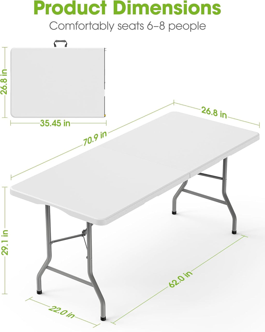 Pureegg 6FT Folding Table - No Assembly Required, Versatile Dining Table with Carrying Handle & Tabletop Safety Lock, Portable Foldable Table for Party, Craft, Camping, Picnic, White
