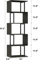 Furologee 6 Tier Bookshelf Tall Geometric Bookcase, S Shaped Industrial Display Standing Shelf, Metal and Wood Decorative Storage Room Divider Rack for Bedroom, Living Room, Office, Light Black Oak