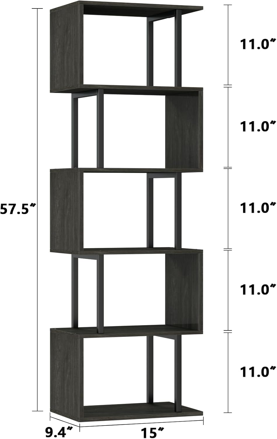 Furologee 6 Tier Bookshelf Tall Geometric Bookcase, S Shaped Industrial Display Standing Shelf, Metal and Wood Decorative Storage Room Divider Rack for Bedroom, Living Room, Office, Light Black Oak