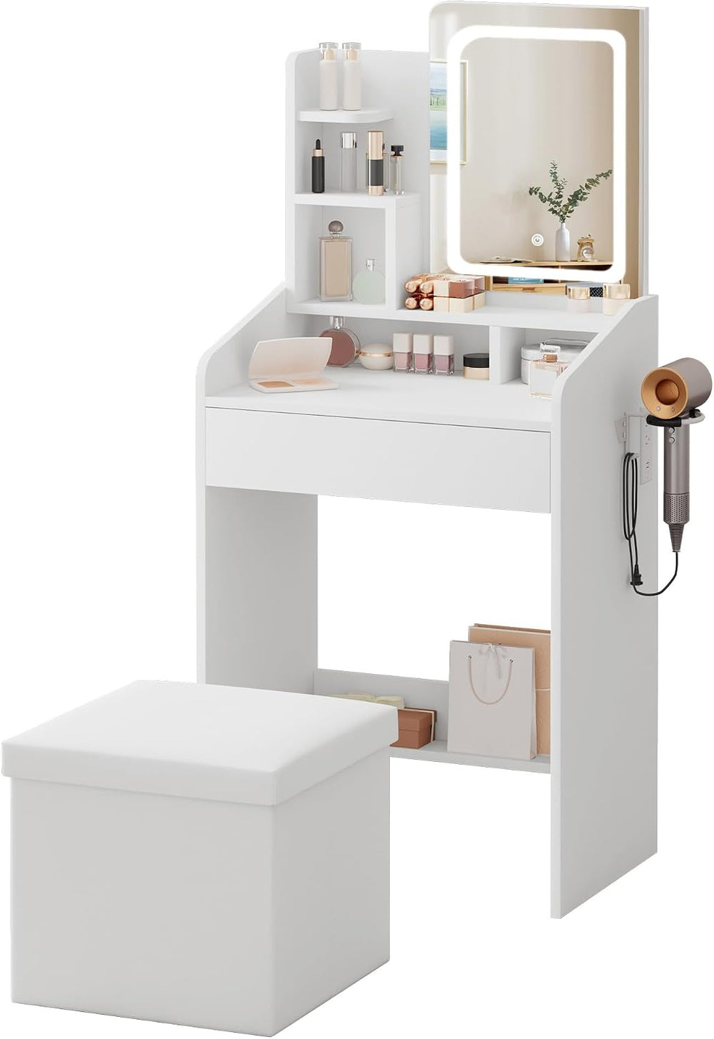LIVELYGLOW 24" White Small Vanity Set with Lighted Mirror & Storage ...