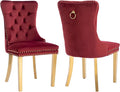 Velvet Dining Chairs Set of 2, Kitchen Chairs Set of 2, Tufted Upholstered Dining Room Chair, Back Ring Pull Trim, Golden Stainless Steel Legs, Wine Red
