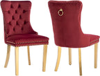 Velvet Dining Chairs Set of 2, Kitchen Chairs Set of 2, Tufted Upholstered Dining Room Chair, Back Ring Pull Trim, Golden Stainless Steel Legs, Wine Red