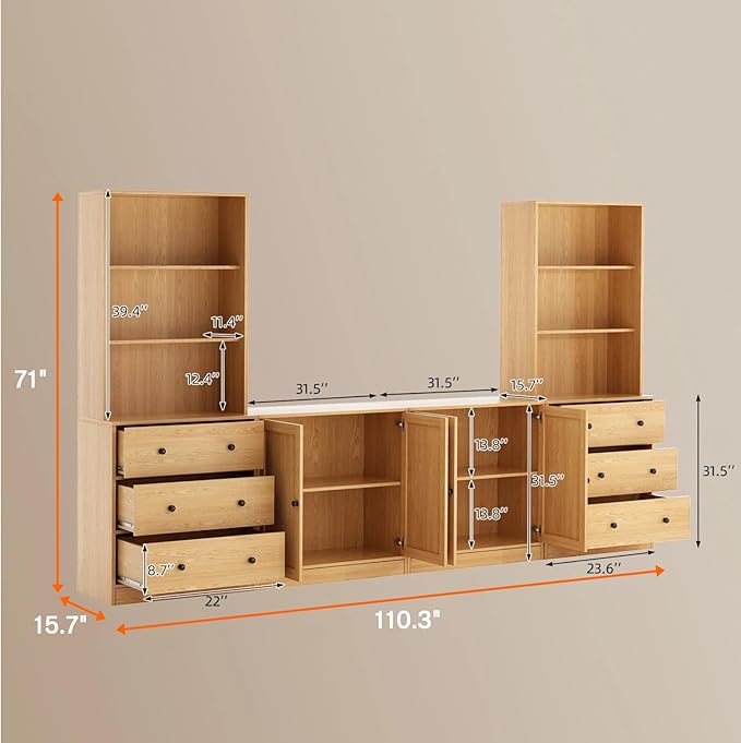TUSY 71" Large TV Stand Set - TV Entertainment Center for TVs up to 65", Media Center with Tempered Glass Doors and Drawer, TV Hutch with Bookshelves for Living Room (Wood, BCCB)