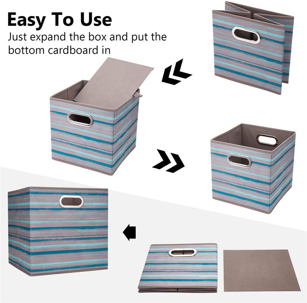 13 inch Collapsible Storage Cubes Bins Teal Stripes Fabric Storage Boxes Foldable Cube Inserts Storage Grey Printed Folding Cloth Storage Baskets Drawer Organizer ,QY-SC05-3