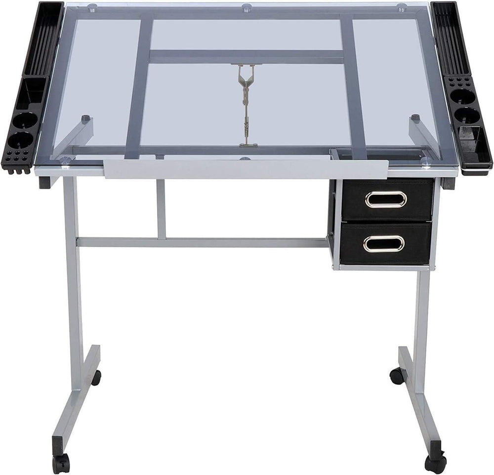 HomGarden Adjustable Drafting Drawing Table Desk Tempered Rolling Glass Top A...