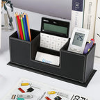 KINGFOM Office Supplies Desk Organizer PU Leather Storage Box 4 Divided Compartments for Pen Business Card Remote Control Mobile Phone Cosmetics Collection Holder (Black)