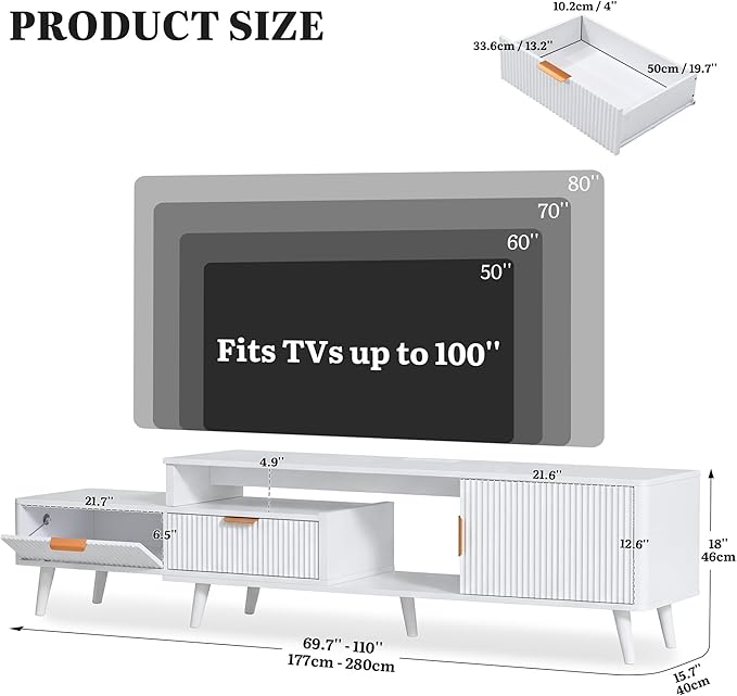 YITAHOME TV Stand for 100 Inch TVs with Power Outlet & LED Light, Fluted Entertainment Center with Storage Drawers & Cabinet, Modern Media Console for Living Room, White