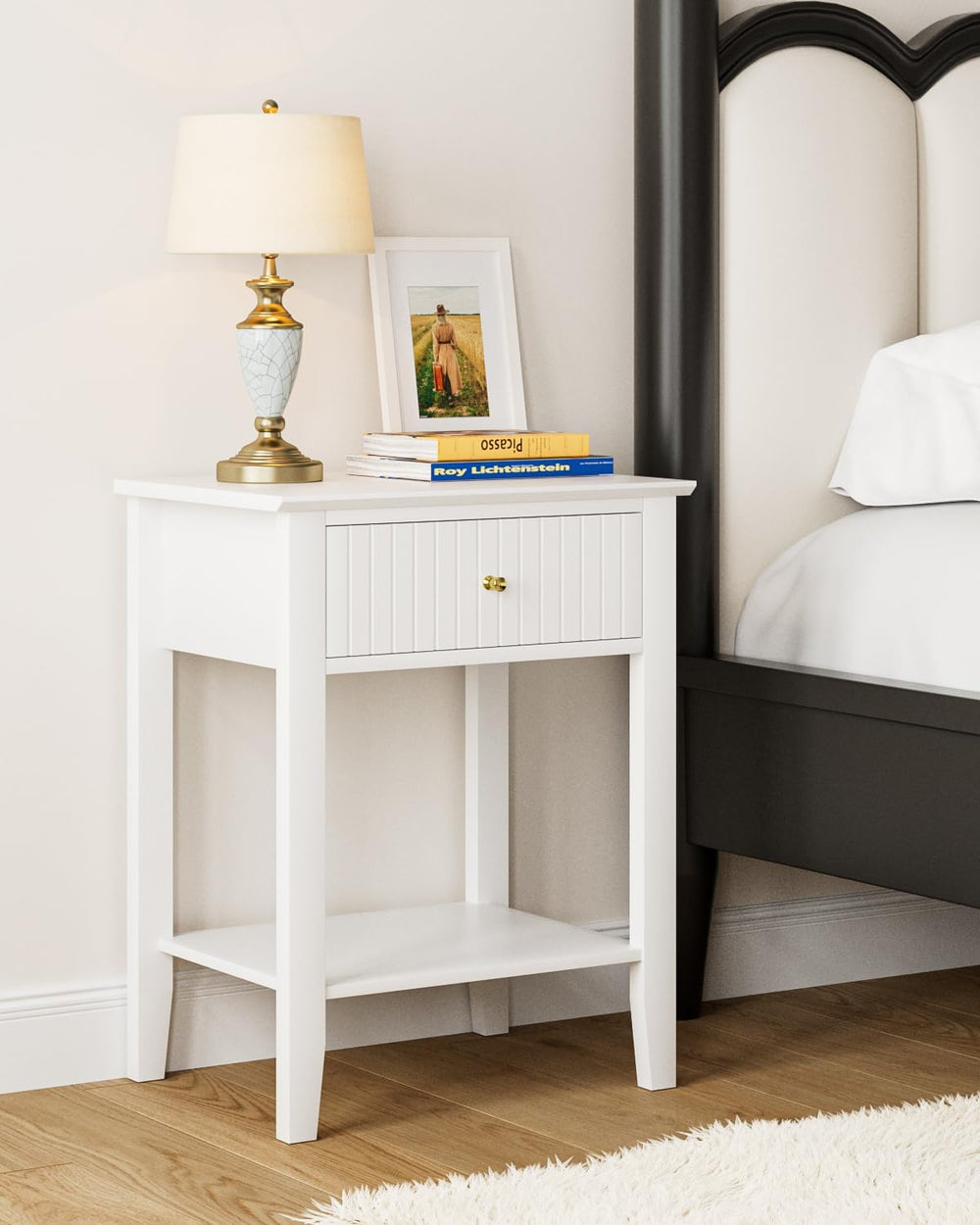 Fluted Nightstand, Farmhouse Night Stand with 1 Drawers, Mid Century Modern S...