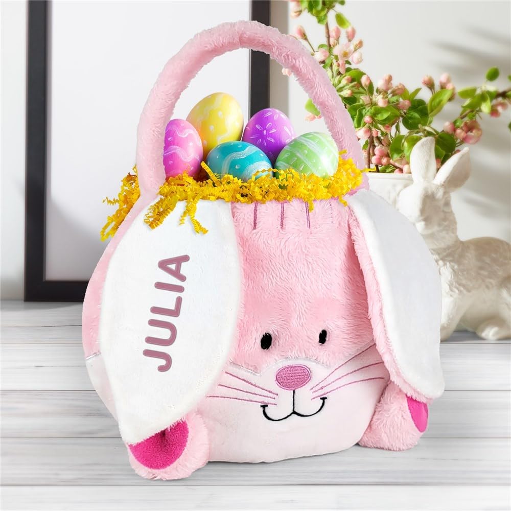 GiftsForYouNow Embroidered Fuzzy Pink Bunny Personalized Easter Basket, Plush...