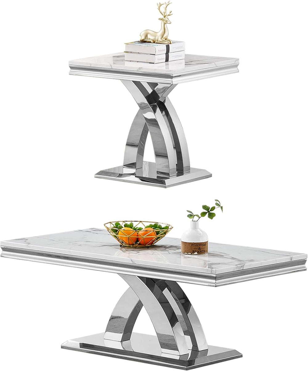 Modern Elegant 2-Piece Living Room Table Set with Faux Marble Top | Includes ...