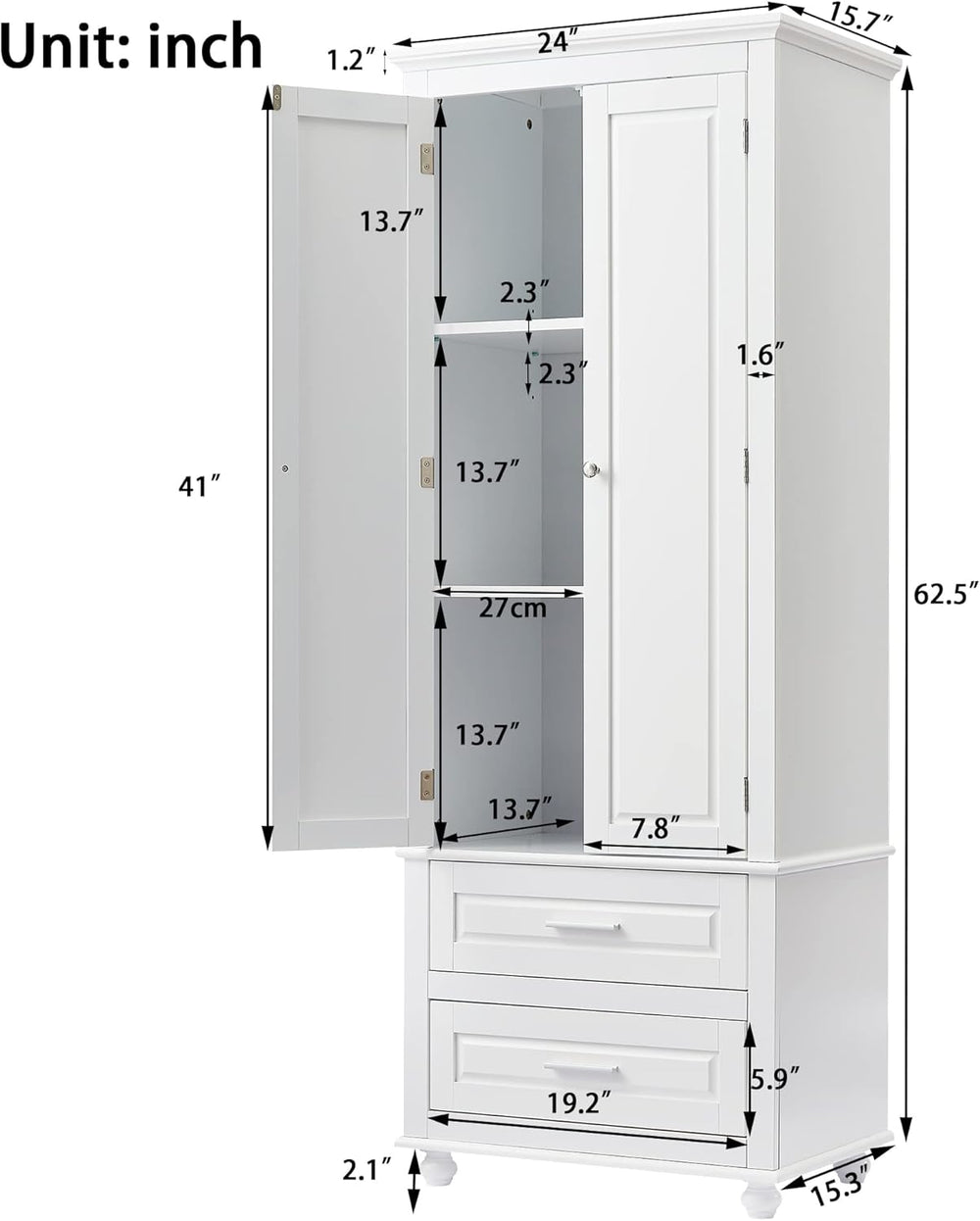 Merax 62.5" Pantry Cabinet with Two Doors & Two Drawers, Adjustable ...