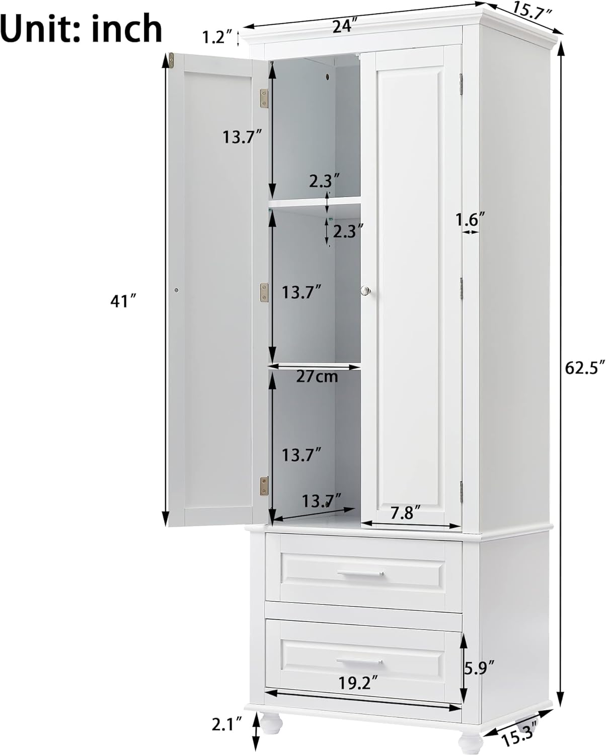Merax 62.5" Pantry Cabinet with Two Doors & Two Drawers, Adjustable Shelves Storage Cupboard for Kitchen/Dining Room/Bathroom, White