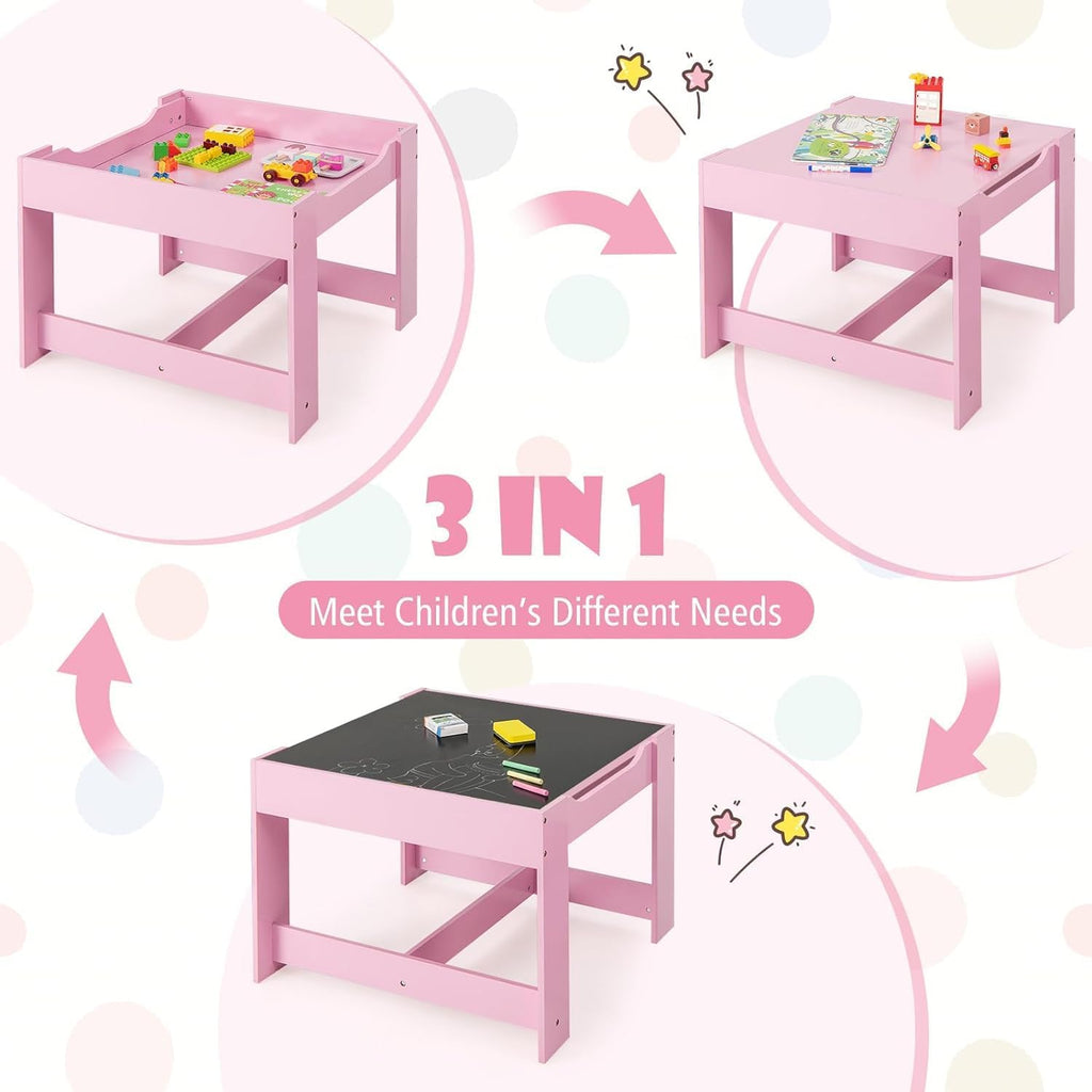 Kids Table and Chairs, 3 in 1 Wooden Kids Table with Storage Drawer, Removable Blackboard, Reversible Tabletop, Toddler Table and Chair Set for Drawing, Reading (Pink)
