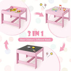 Kids Table and Chairs, 3 in 1 Wooden Kids Table with Storage Drawer, Removable Blackboard, Reversible Tabletop, Toddler Table and Chair Set for Drawing, Reading (Pink)