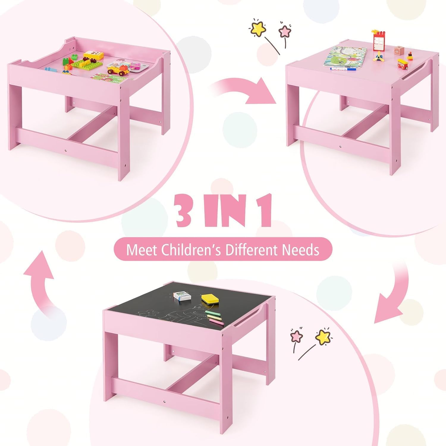Kids Table and Chairs, 3 in 1 Wooden Kids Table with Storage Drawer, Removable Blackboard, Reversible Tabletop, Toddler Table and Chair Set for Drawing, Reading (Pink)