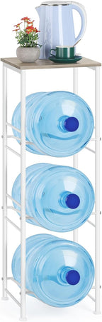 OYEAL Water Bottle Storage Holder 5 Gallon Drink Dispenser Stand with Table 3-Tier Heavy Duty Water Cooler Jug Rack Water Bottle Organizer for Kitchen, Office, Living Room, Rustic Grey