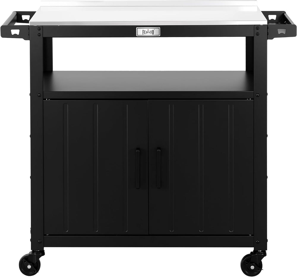 Feasto Outdoor Grill Cart w/Storage Cabinet, Stainless Steel Top, Black