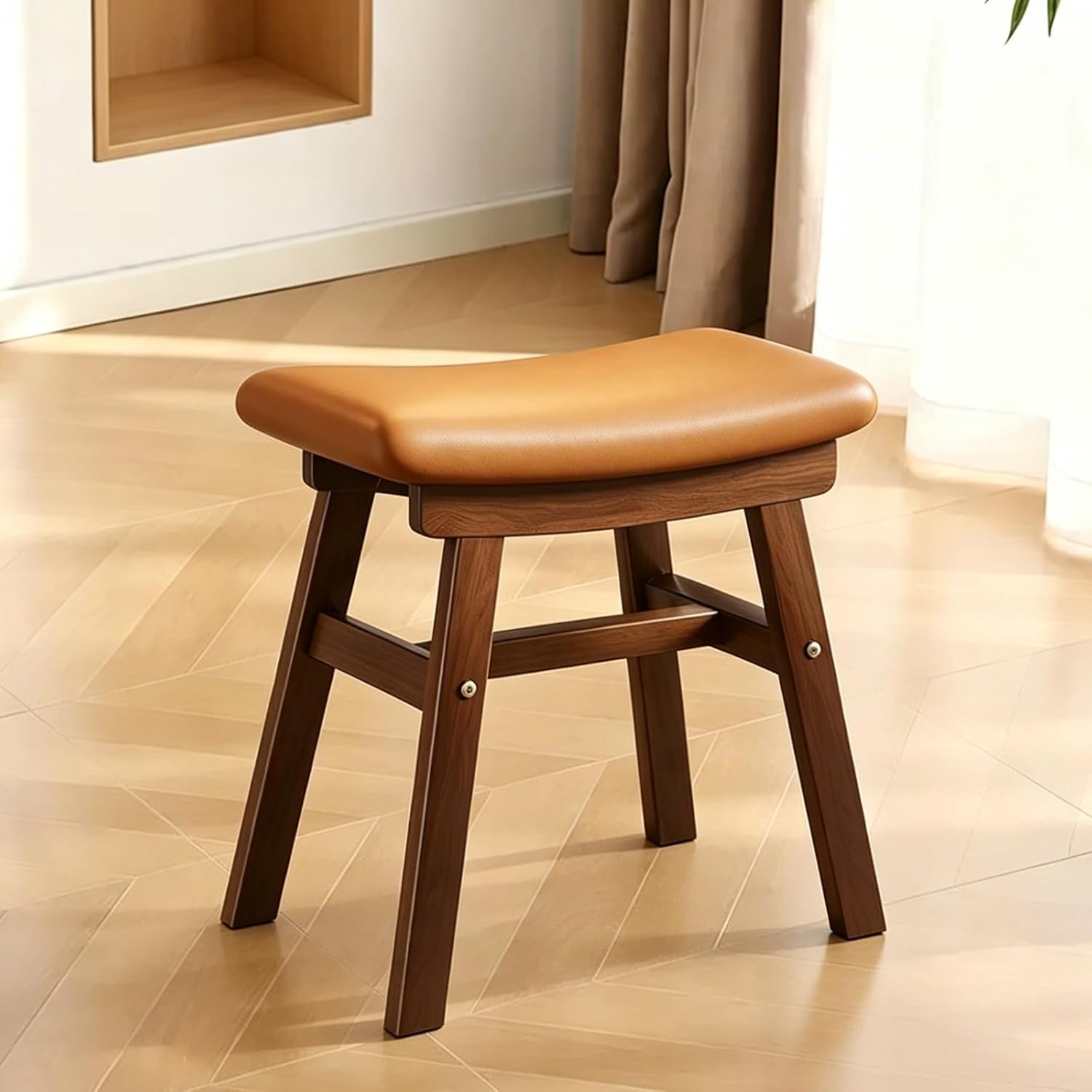 Counter Stool, Upholstered Dining Accent Side Chair, Solid Wood Saddle Stool, Work Vanity Chair, Comfortable Upholstered, for Small Space(Orange)