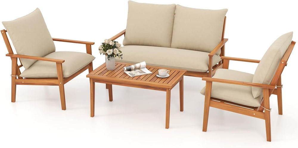 Tangkula 4 Pieces Patio Furniture Set, Outdoor Acacia Wood Conversation Set w...