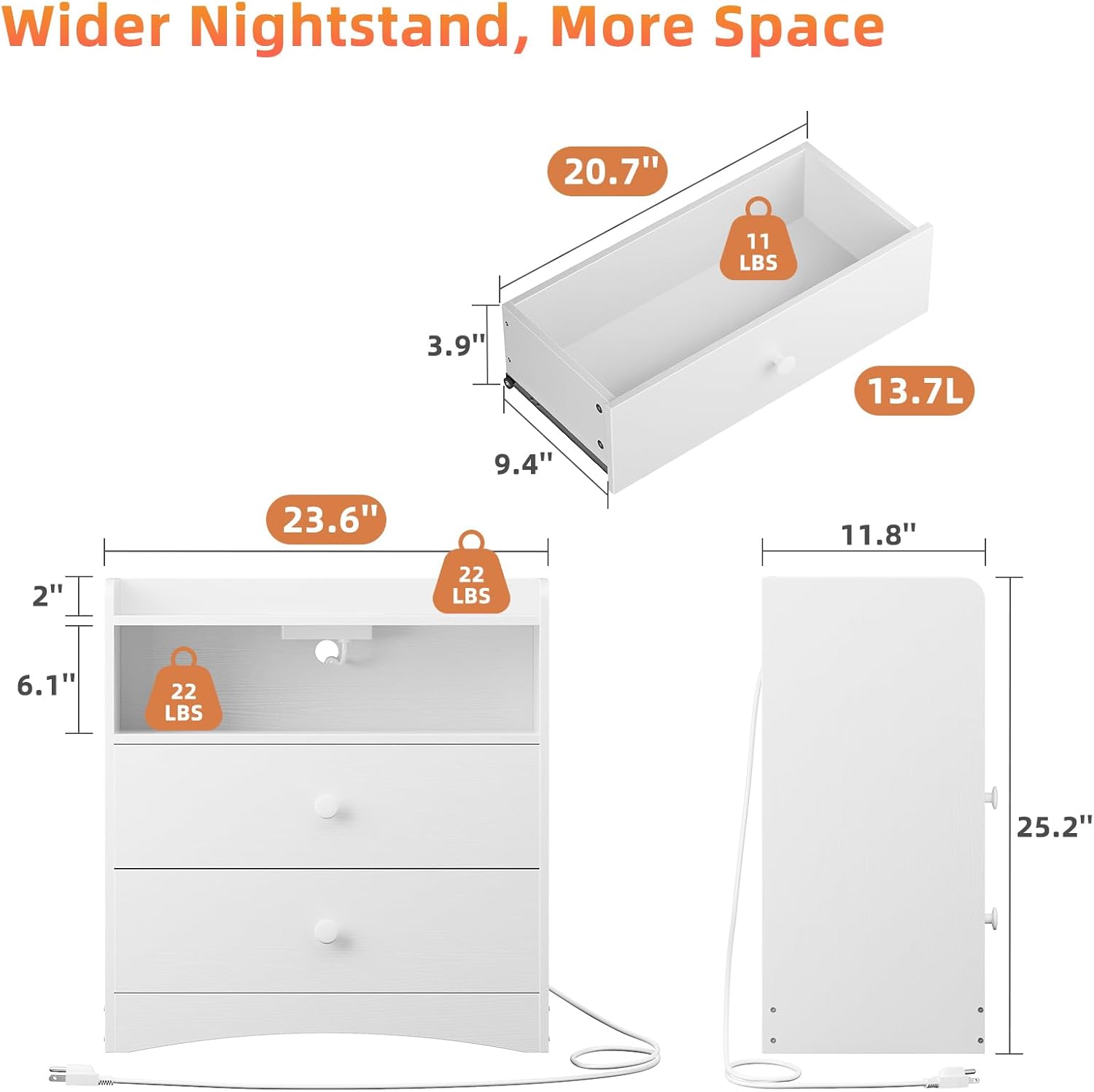 2 Pack Nightstand with Charging Station and LED Light, Modern Nightstand with USB Ports and Outlets, Wood Bedside Table with 2 Storage Drawers, Small Dresser for Bedroom Small Space, White