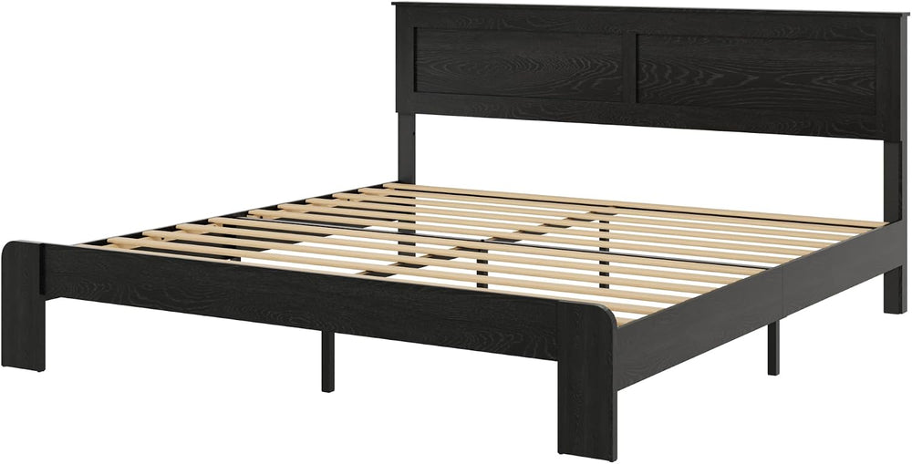 King Size Bed Frame Wood Platform Bed with Headboard, No Box Spring, Black