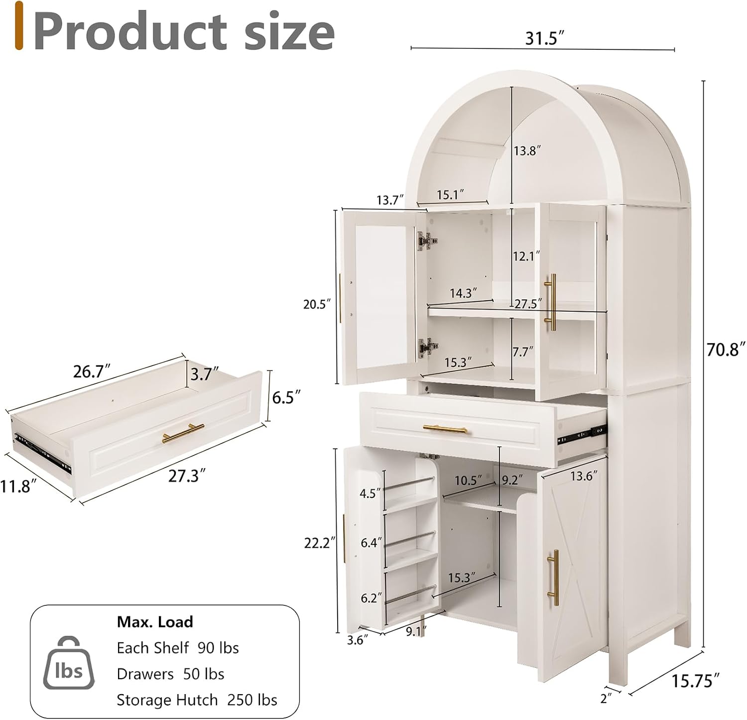 Freestanding Arched Kitchen Pantry Cabinet, 70.8" Tall Kitchen Pantry w/Adjustable Shelves, Farmhouse Barn Door Buffet Sideboard for Dining Room, Living Room, White