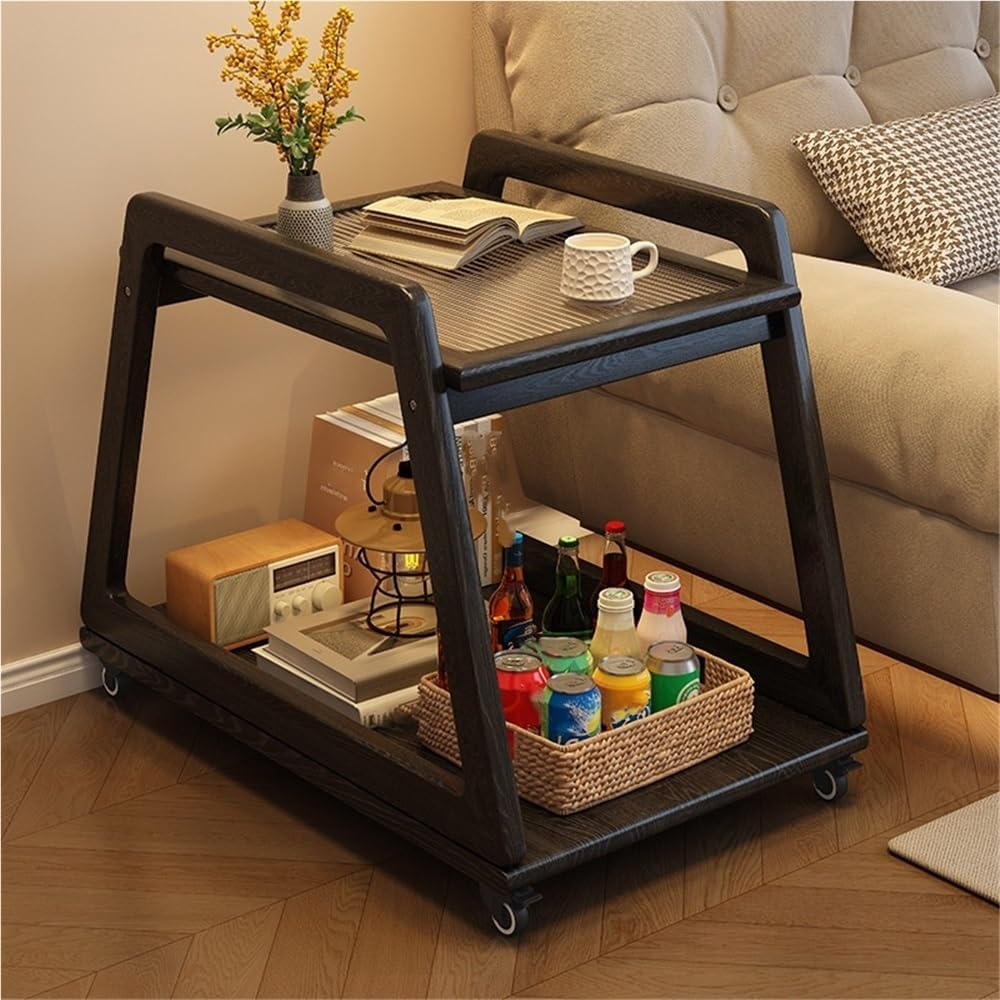 Movable Sofa Side Table with Glass, 2 Tier End Table with Wheels, Small Table...
