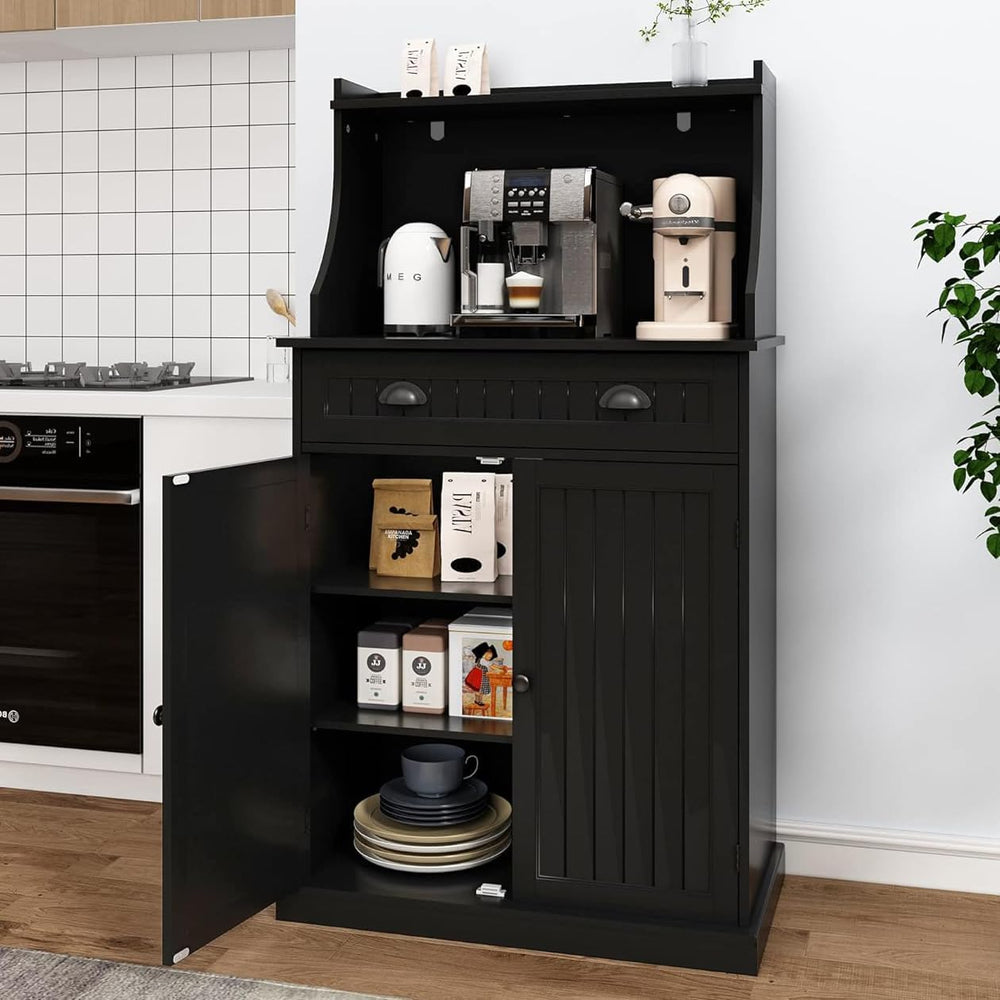 HOLTICO 54" Microwave Storage Cabinet with Doors, Black | Freestanding K...